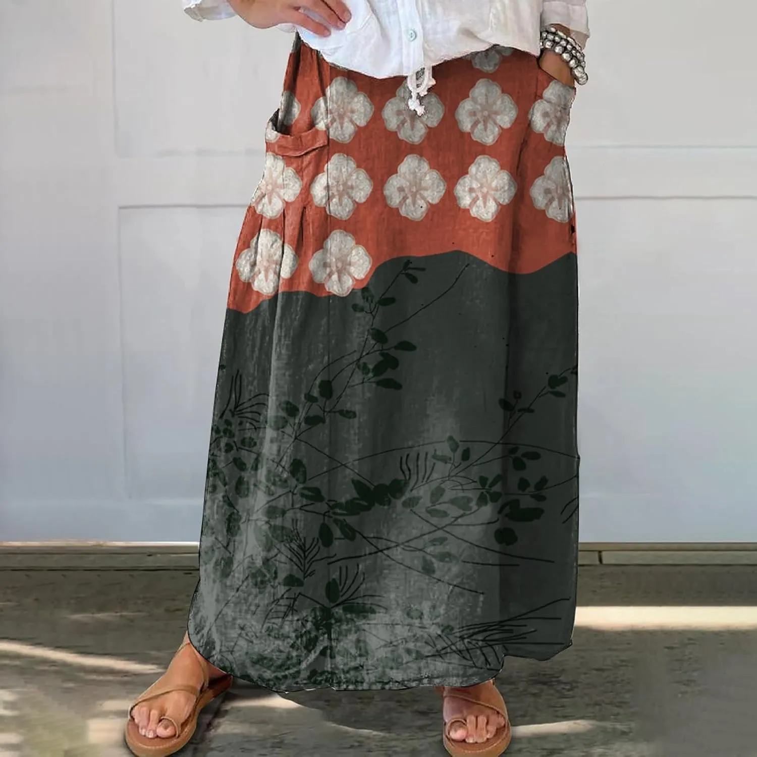 Womens Maxi Linen Skirts Causal Summer Baggy Elastic Waist Beach Skirt Boho Floral Print Long Skirts with Pockets