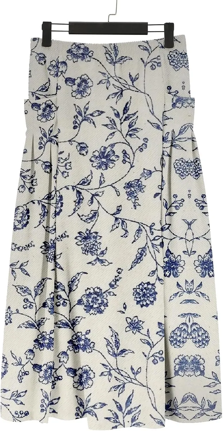 Womens Maxi Linen Skirts Causal Summer Baggy Elastic Waist Beach Skirt Boho Floral Print Long Skirts with Pockets