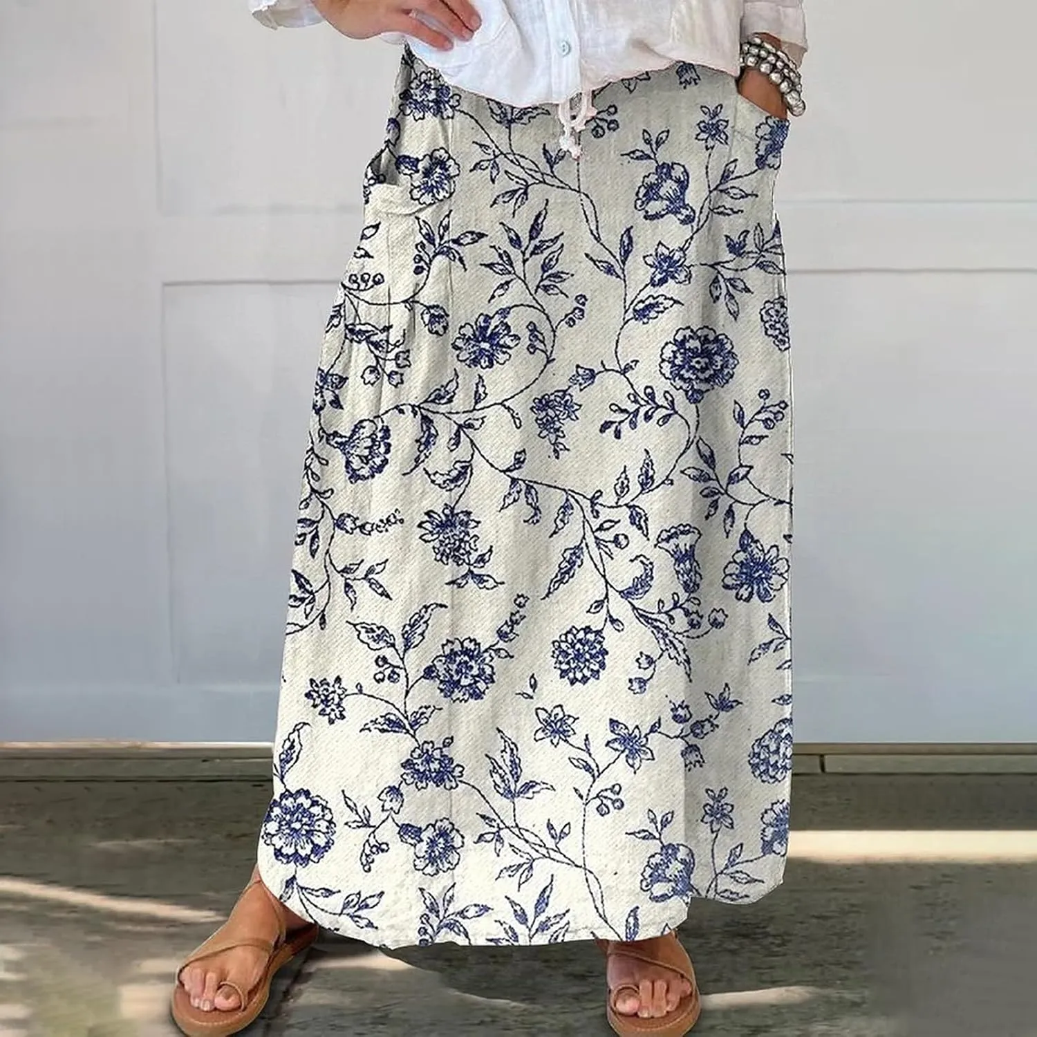 Womens Maxi Linen Skirts Causal Summer Baggy Elastic Waist Beach Skirt Boho Floral Print Long Skirts with Pockets