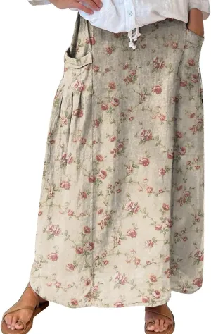 Womens Maxi Linen Skirts Causal Summer Baggy Elastic Waist Beach Skirt Boho Floral Print Long Skirts with Pockets