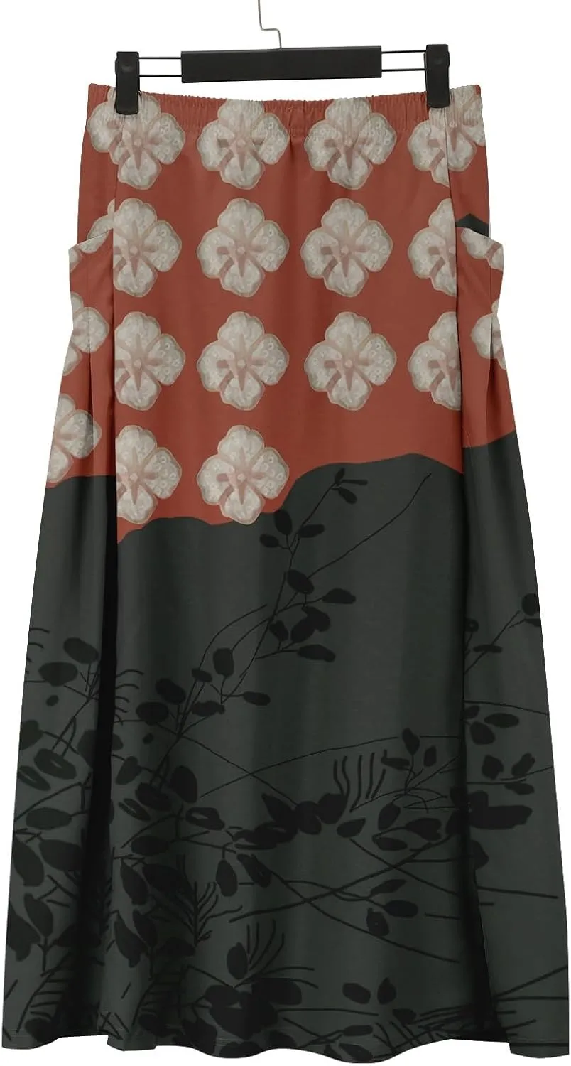 Womens Maxi Linen Skirts Causal Summer Baggy Elastic Waist Beach Skirt Boho Floral Print Long Skirts with Pockets