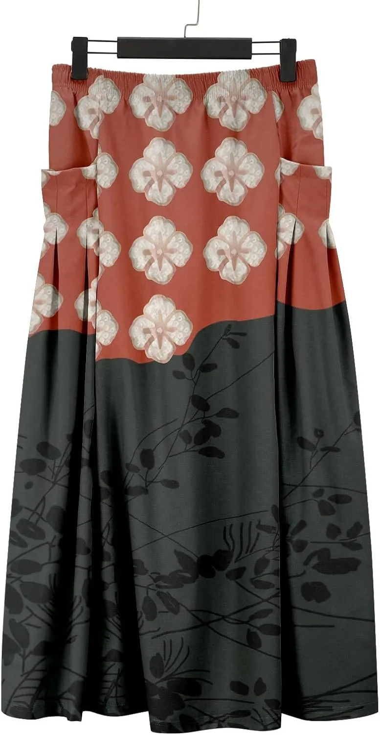 Womens Maxi Linen Skirts Causal Summer Baggy Elastic Waist Beach Skirt Boho Floral Print Long Skirts with Pockets
