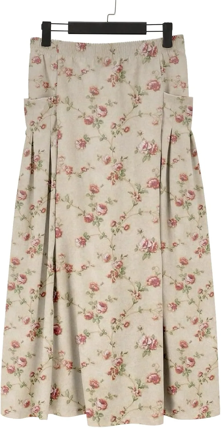 Womens Maxi Linen Skirts Causal Summer Baggy Elastic Waist Beach Skirt Boho Floral Print Long Skirts with Pockets