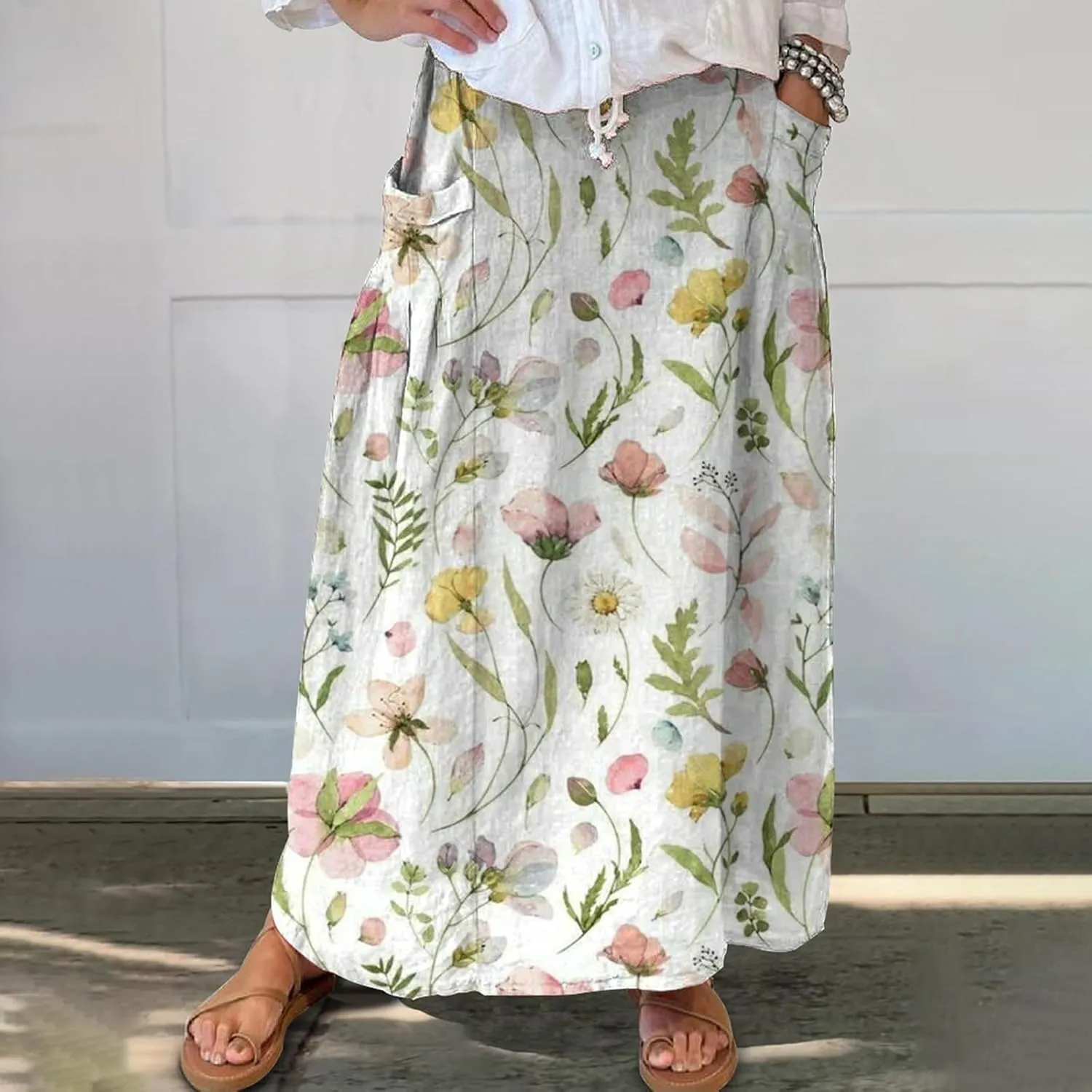 Womens Maxi Linen Skirts Causal Summer Baggy Elastic Waist Beach Skirt Boho Floral Print Long Skirts with Pockets