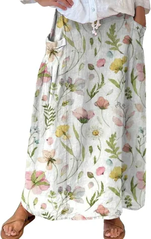 Womens Maxi Linen Skirts Causal Summer Baggy Elastic Waist Beach Skirt Boho Floral Print Long Skirts with Pockets