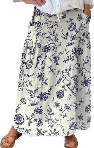 Womens Maxi Linen Skirts Causal Summer Baggy Elastic Waist Beach Skirt Boho Floral Print Long Skirts with Pockets