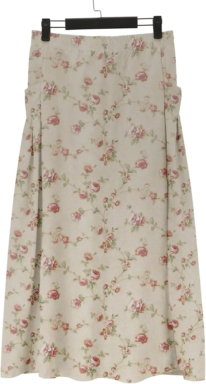 Womens Maxi Linen Skirts Causal Summer Baggy Elastic Waist Beach Skirt Boho Floral Print Long Skirts with Pockets