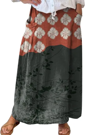 Womens Maxi Linen Skirts Causal Summer Baggy Elastic Waist Beach Skirt Boho Floral Print Long Skirts with Pockets