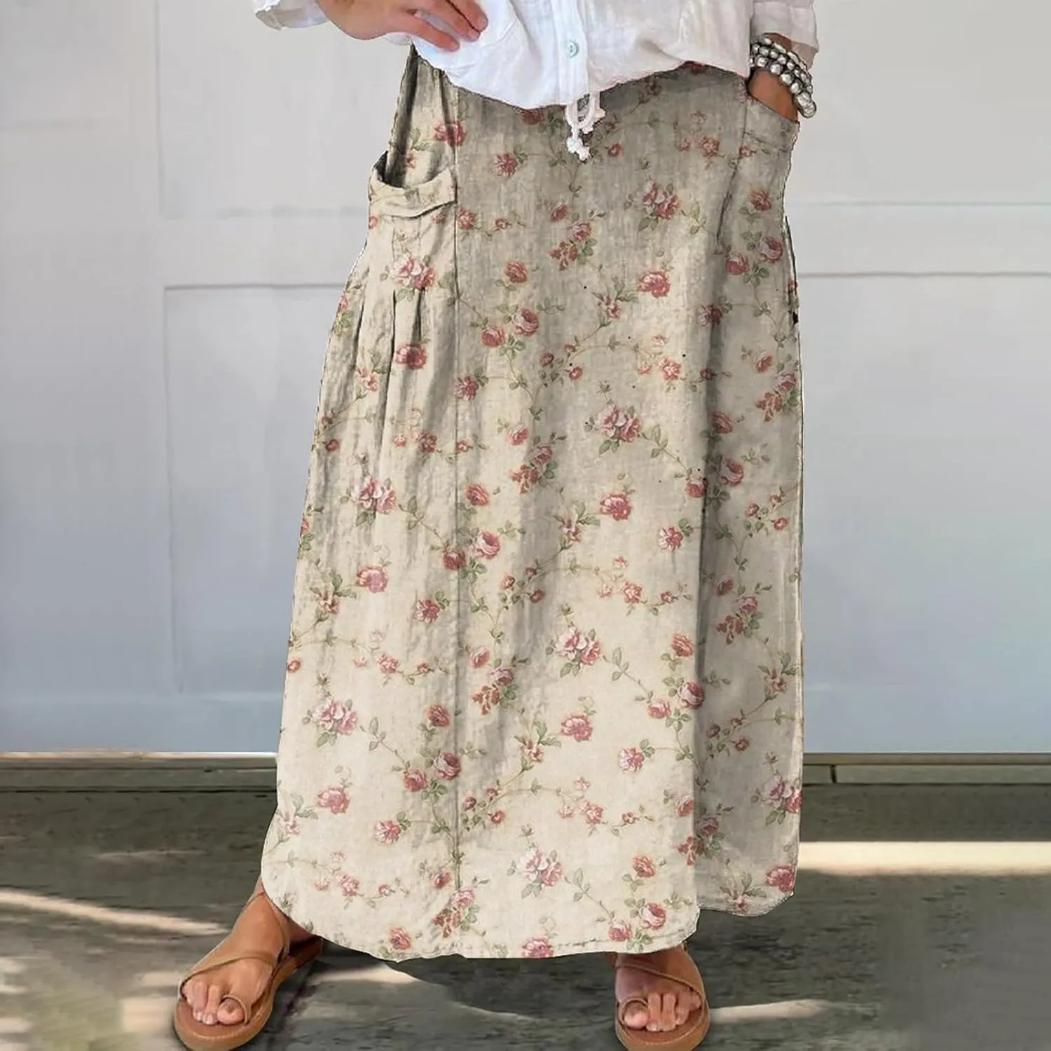 Womens Maxi Linen Skirts Causal Summer Baggy Elastic Waist Beach Skirt Boho Floral Print Long Skirts with Pockets