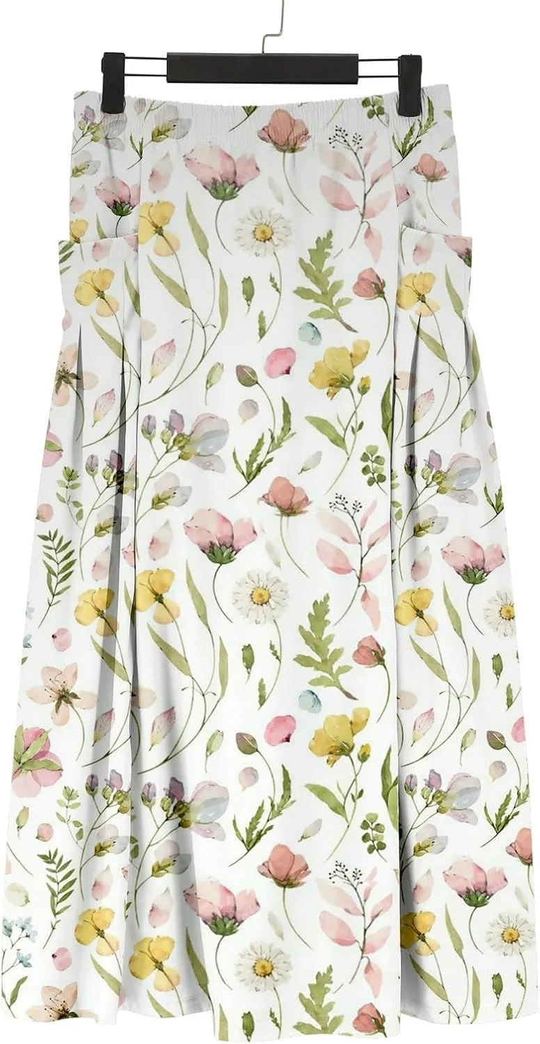 Womens Maxi Linen Skirts Causal Summer Baggy Elastic Waist Beach Skirt Boho Floral Print Long Skirts with Pockets