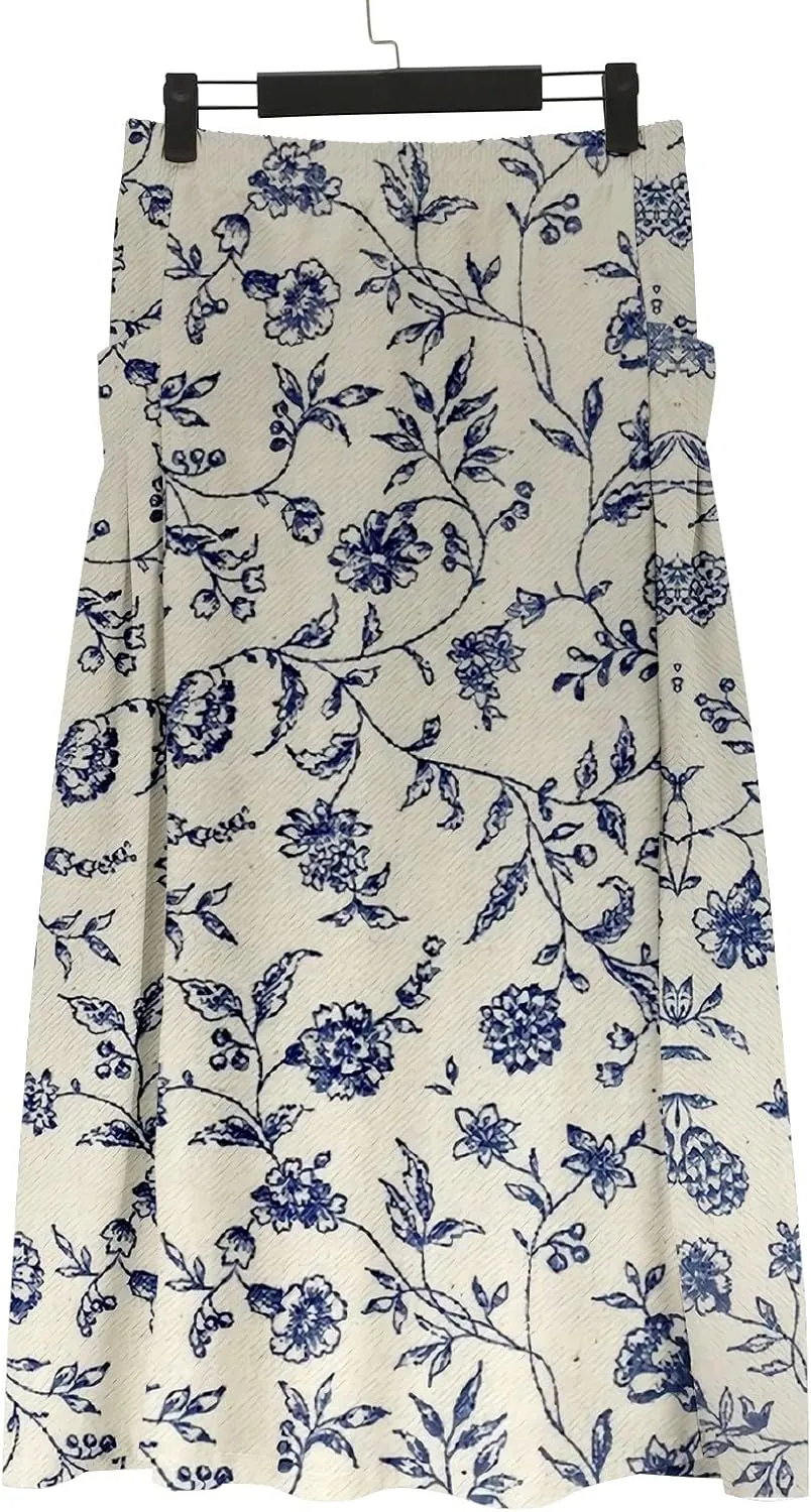 Womens Maxi Linen Skirts Causal Summer Baggy Elastic Waist Beach Skirt Boho Floral Print Long Skirts with Pockets