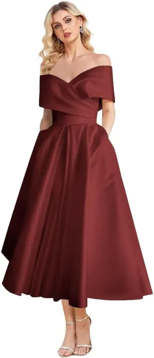 Women's Off Shoulder Wedding Dress for Bride Tea Length A Line Satin Formal Prom Dresses with Pockets