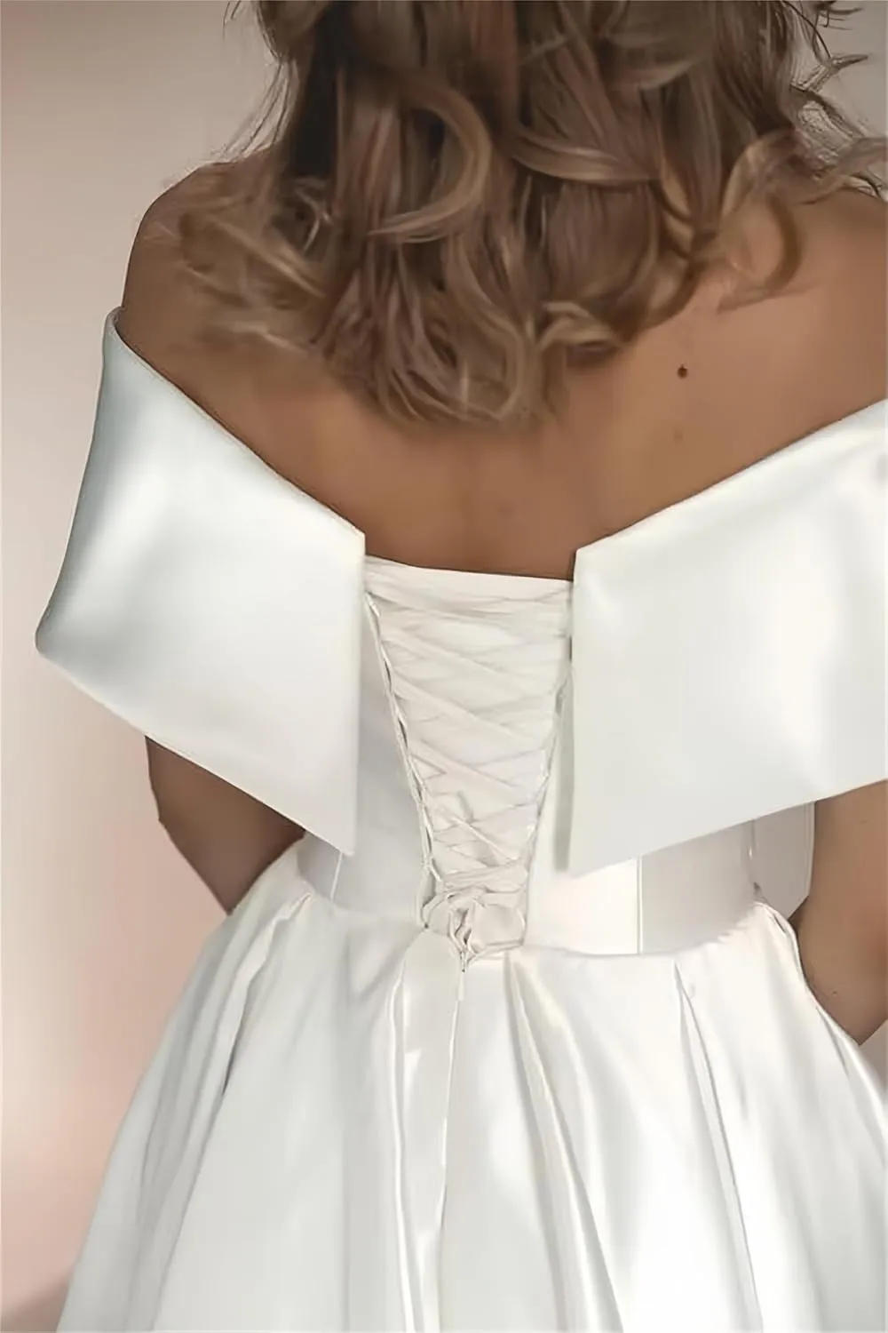 Women's Off Shoulder Wedding Dress for Bride Tea Length A Line Satin Formal Prom Dresses with Pockets