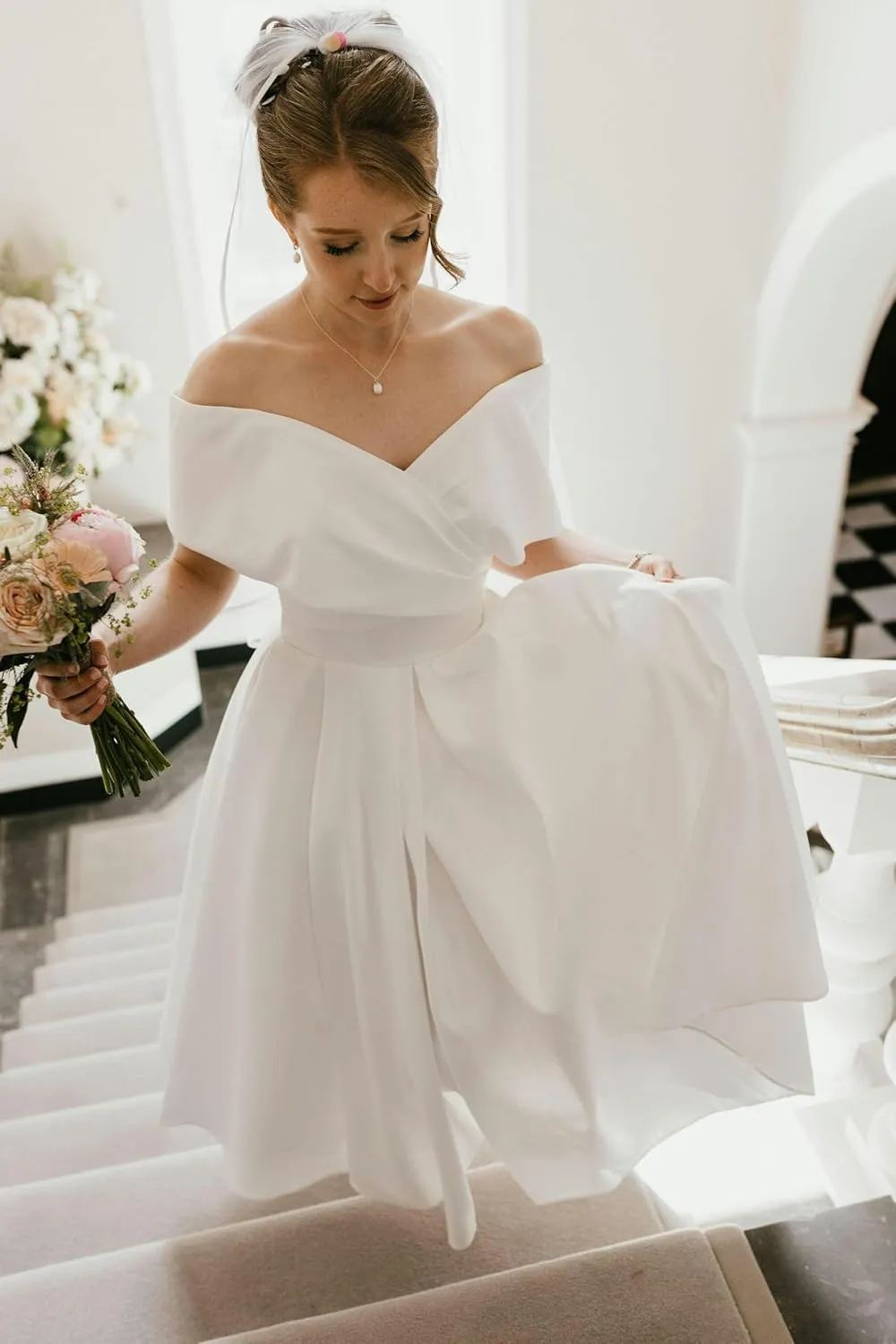 Women's Off Shoulder Wedding Dress for Bride Tea Length A Line Satin Formal Prom Dresses with Pockets