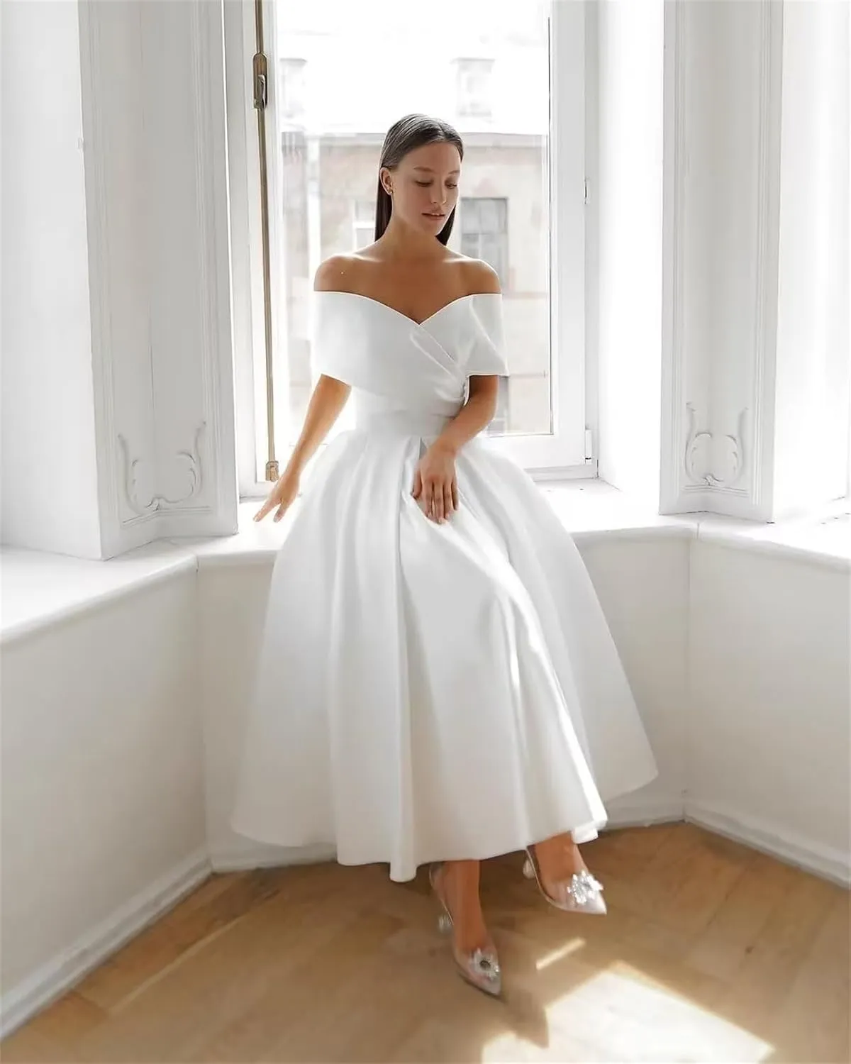 Women's Off Shoulder Wedding Dress for Bride Tea Length A Line Satin Formal Prom Dresses with Pockets