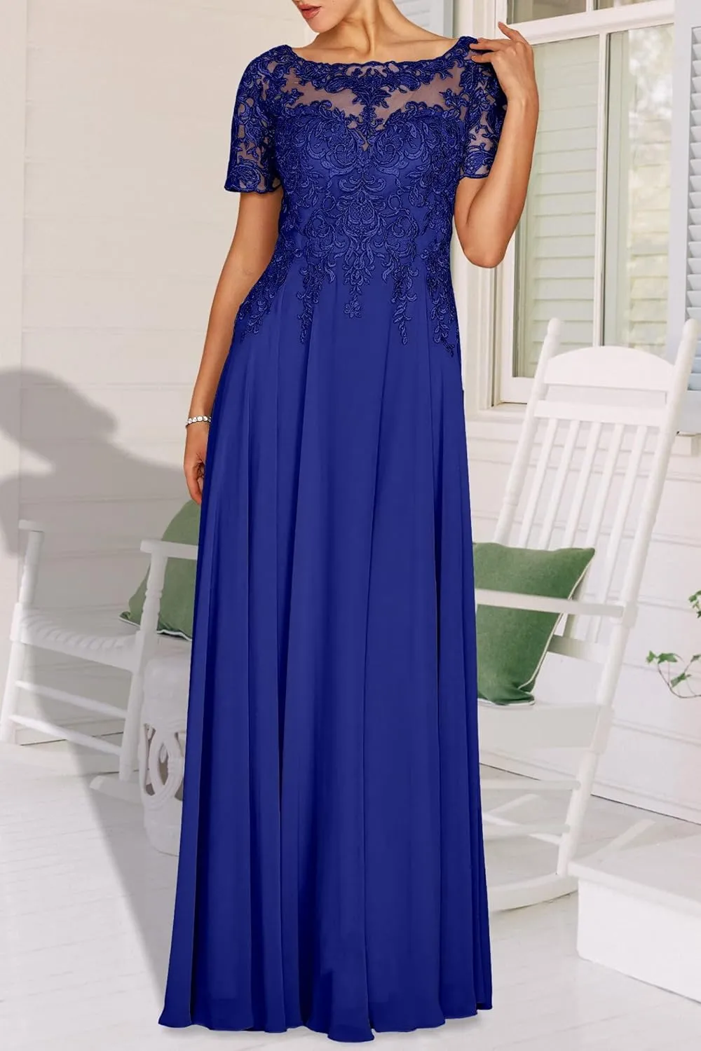 Women's Short Sleeve Chiffon Mother of The Bride Dresses Boat Neck Lace Applique Formal Wedding Guest Evening Gowns