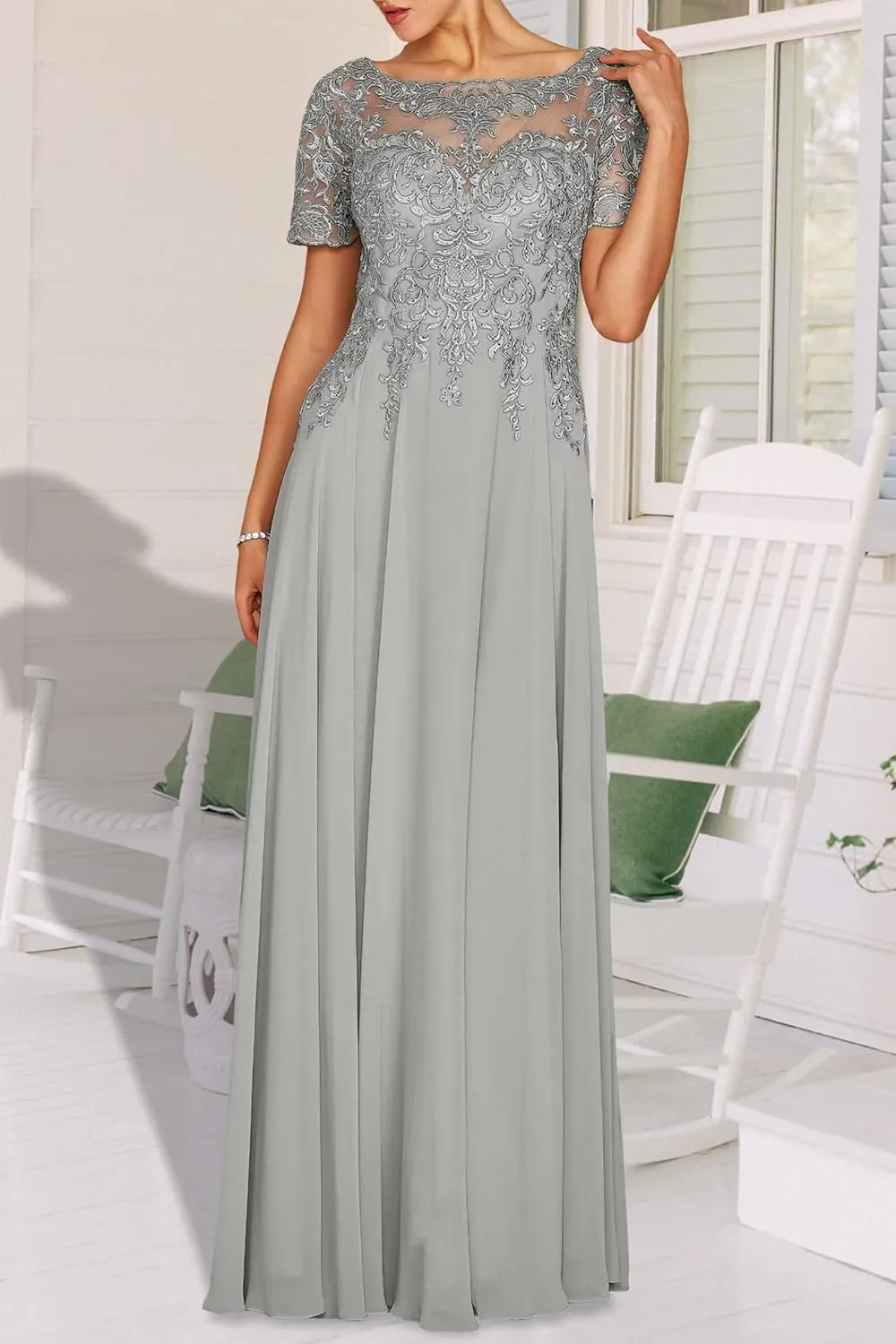 Women's Short Sleeve Chiffon Mother of The Bride Dresses Boat Neck Lace Applique Formal Wedding Guest Evening Gowns