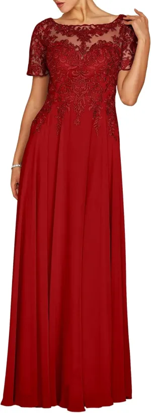 Women's Short Sleeve Chiffon Mother of The Bride Dresses Boat Neck Lace Applique Formal Wedding Guest Evening Gowns