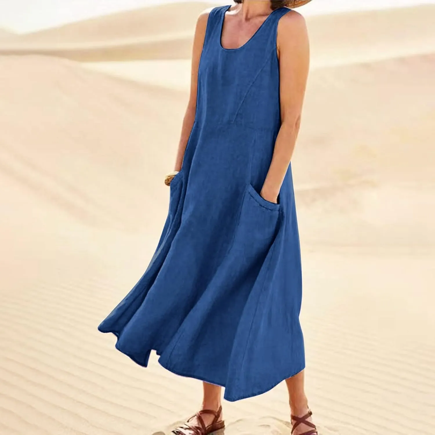 Women's Summer Cotton Linen Long Dress Sleeveless Elegant Flowy Dresses Plus Size Loose Comfy Dress with Pockets
