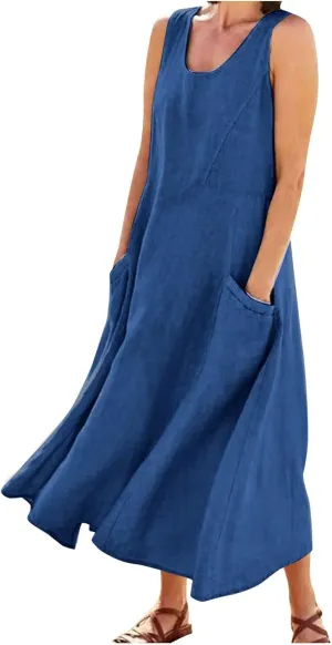 Women's Summer Cotton Linen Long Dress Sleeveless Elegant Flowy Dresses Plus Size Loose Comfy Dress with Pockets