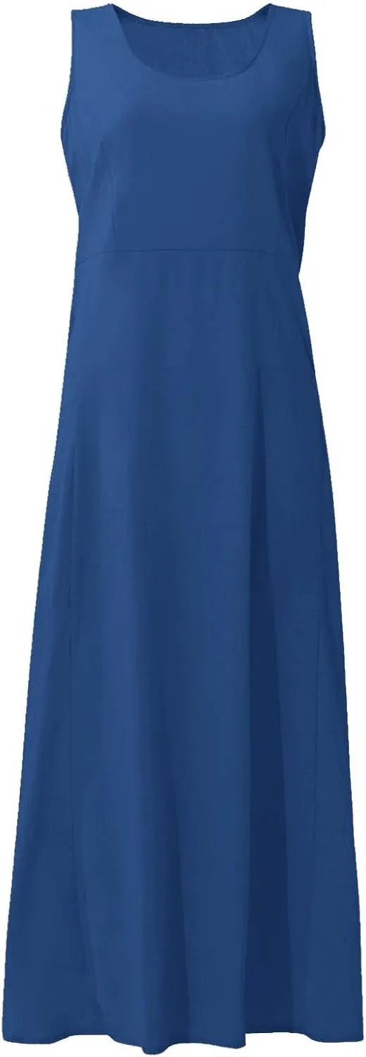Women's Summer Cotton Linen Long Dress Sleeveless Elegant Flowy Dresses Plus Size Loose Comfy Dress with Pockets