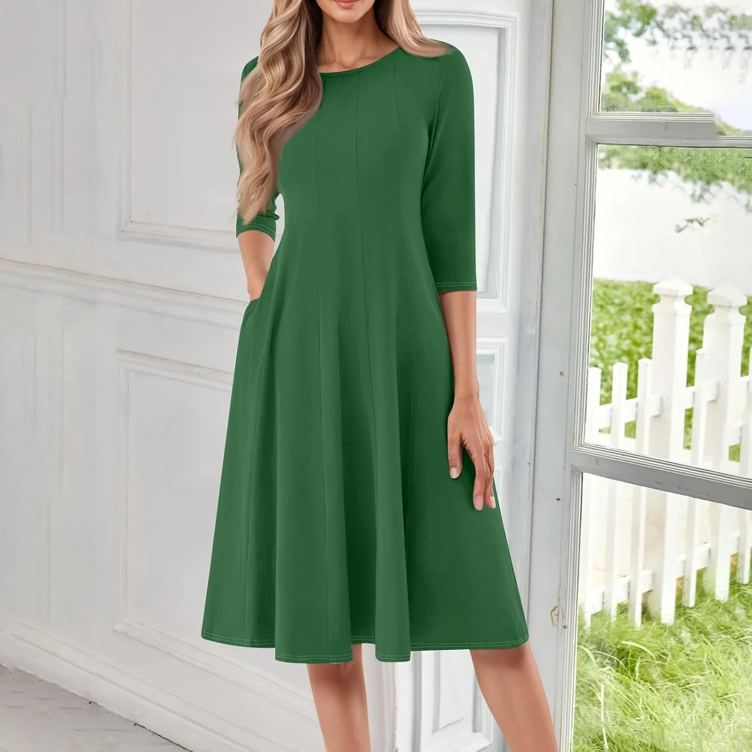 Womens Summer Dresses Summer Flowy Beach 3/4 Sleeve Dress Aline Casual Tshirt Dress Floral Midi Dresses with Pockets