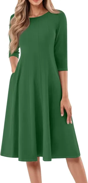 Womens Summer Dresses Summer Flowy Beach 3/4 Sleeve Dress Aline Casual Tshirt Dress Floral Midi Dresses with Pockets