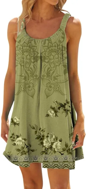 Women's Summer Fashion Vintage Flowers Printed Pleated Sleeveless Shoulder Strap Beach Vacation Casual Dress