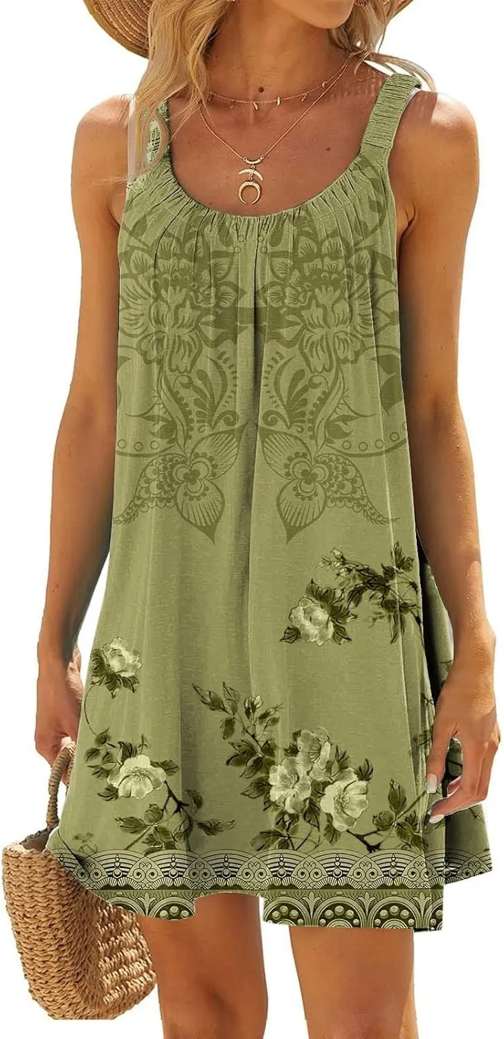 Women's Summer Fashion Vintage Flowers Printed Pleated Sleeveless Shoulder Strap Beach Vacation Casual Dress