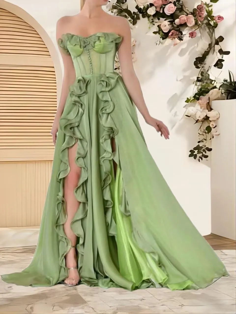 Xyiveaf Ruffles Chiffon Prom Dress Strapless Formal Evening Party Dresses 2024 Long Ball Gown A-Line Corset Tube Prom Gowns