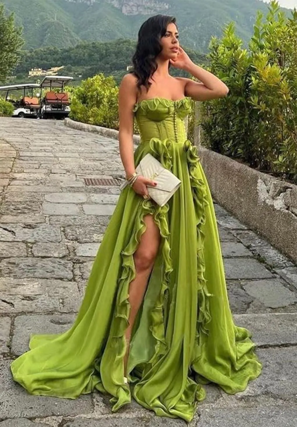 Xyiveaf Ruffles Chiffon Prom Dress Strapless Formal Evening Party Dresses 2024 Long Ball Gown A-Line Corset Tube Prom Gowns