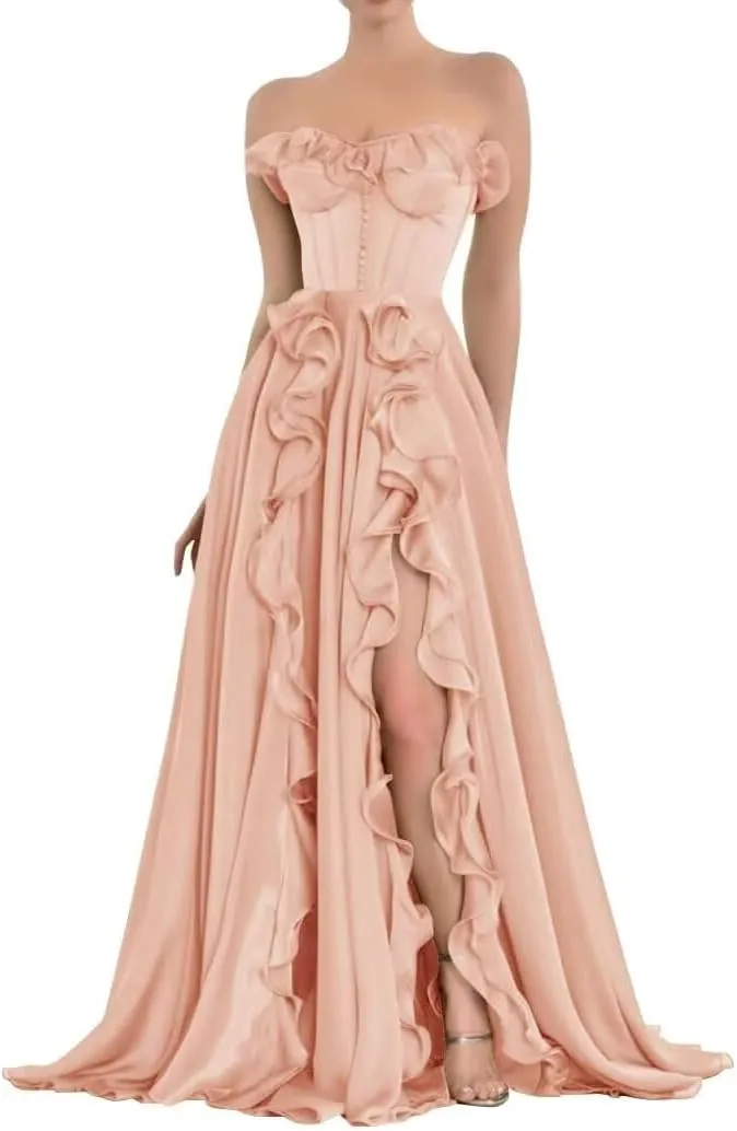 Xyiveaf Ruffles Chiffon Prom Dress Strapless Formal Evening Party Dresses 2024 Long Ball Gown A-Line Corset Tube Prom Gowns