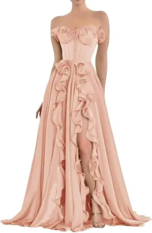 Xyiveaf Ruffles Chiffon Prom Dress Strapless Formal Evening Party Dresses 2024 Long Ball Gown A-Line Corset Tube Prom Gowns