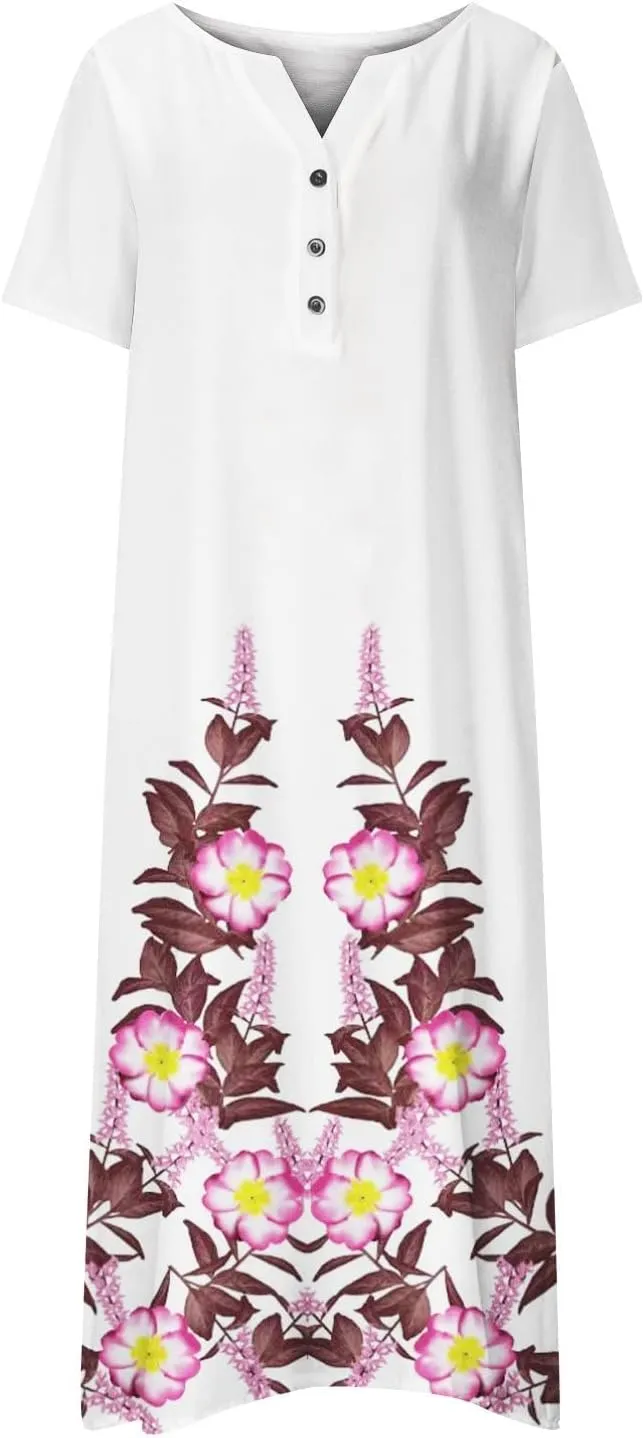 Yesunpxs Dresses for Women 2024 Summer Boho Short Sleeve O-Neck Maxi Dress Casual Beach Printed Long Dresses with Pocket