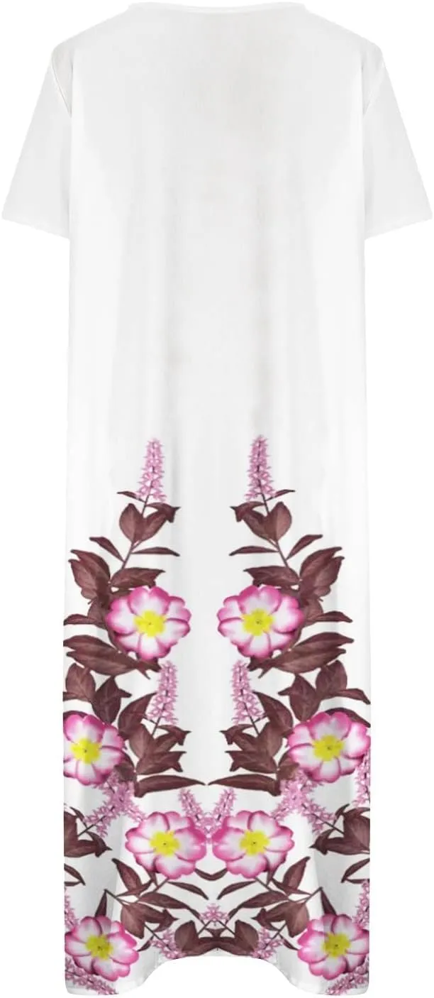 Yesunpxs Dresses for Women 2024 Summer Boho Short Sleeve O-Neck Maxi Dress Casual Beach Printed Long Dresses with Pocket