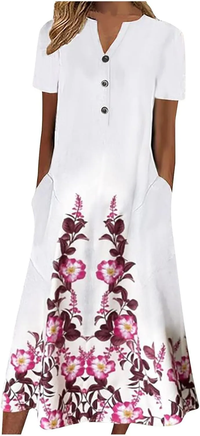 Yesunpxs Dresses for Women 2024 Summer Boho Short Sleeve O-Neck Maxi Dress Casual Beach Printed Long Dresses with Pocket