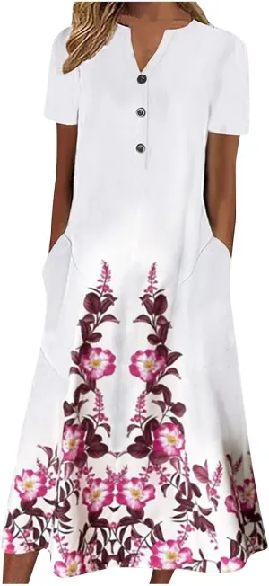 Yesunpxs Dresses for Women 2024 Summer Boho Short Sleeve O-Neck Maxi Dress Casual Beach Printed Long Dresses with Pocket