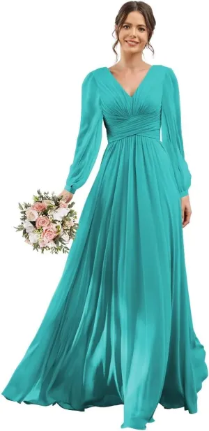 YOFF V-Neck Long Sleeves Bridesmaid Dresses Long with Slit Pleated Chiffon A-line Formal Party Dresses with Pockets YO090