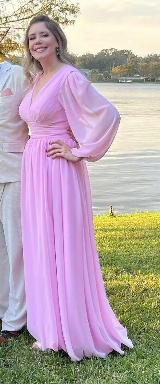 YOFF V-Neck Long Sleeves Bridesmaid Dresses Long with Slit Pleated Chiffon A-line Formal Party Dresses with Pockets YO090