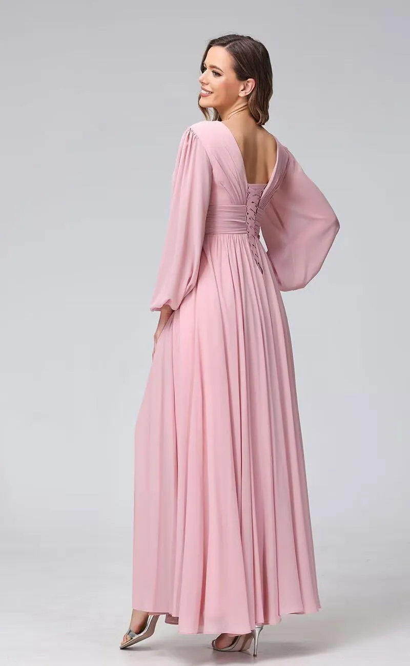 YOFF V-Neck Long Sleeves Bridesmaid Dresses Long with Slit Pleated Chiffon A-line Formal Party Dresses with Pockets YO090