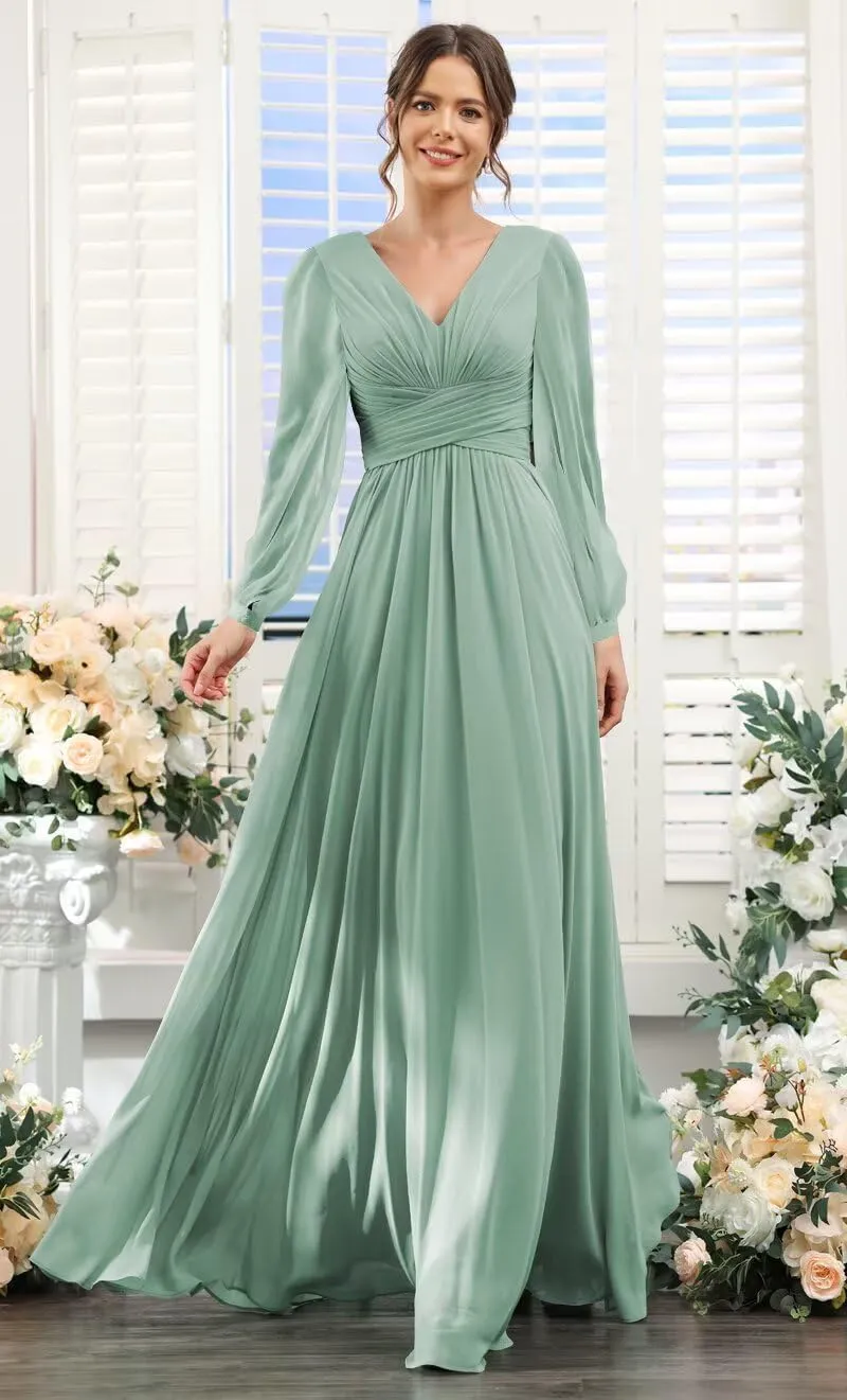 YOFF V-Neck Long Sleeves Bridesmaid Dresses Long with Slit Pleated Chiffon A-line Formal Party Dresses with Pockets YO090