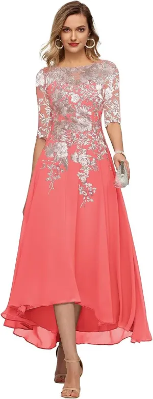 YUAOHUANG Chiffon Mother of The Bride Dresses for Wedding 2025 Lace Appliques 3/4 Sleeves Formal Evening Gown for Women