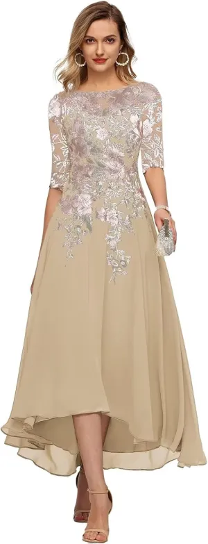 YUAOHUANG Chiffon Mother of The Bride Dresses for Wedding 2025 Lace Appliques 3/4 Sleeves Formal Evening Gown for Women
