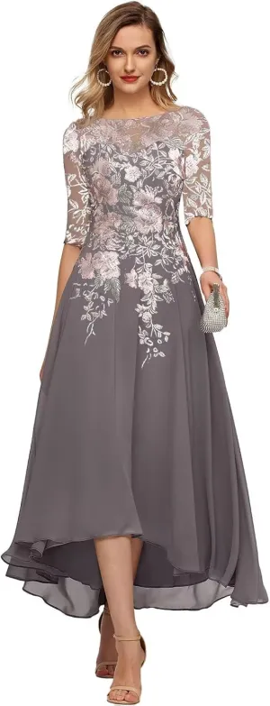 YUAOHUANG Chiffon Mother of The Bride Dresses for Wedding 2025 Lace Appliques 3/4 Sleeves Formal Evening Gown for Women