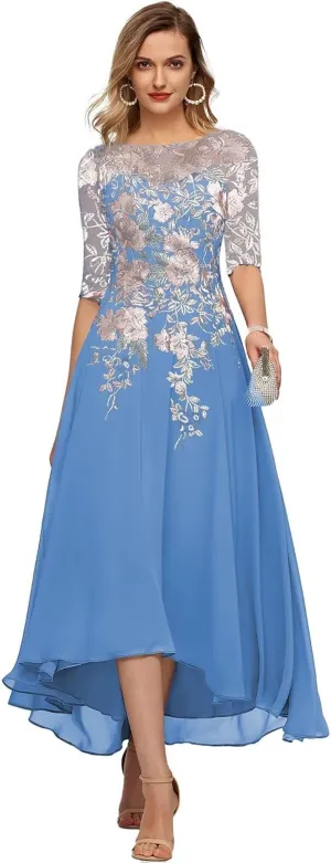 YUAOHUANG Chiffon Mother of The Bride Dresses for Wedding 2025 Lace Appliques 3/4 Sleeves Formal Evening Gown for Women