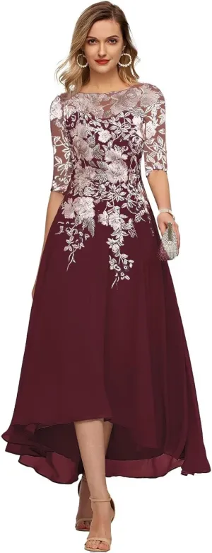 YUAOHUANG Chiffon Mother of The Bride Dresses for Wedding 2025 Lace Appliques 3/4 Sleeves Formal Evening Gown for Women